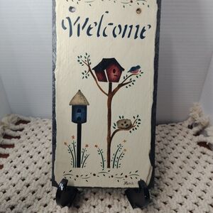 Vintage Hand Painted & Signed Slate Welcome Sign 12x6"